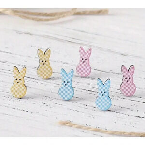 Pair of Cute Colorful Easter Plaid Rabbits New Wooden Character Earrings